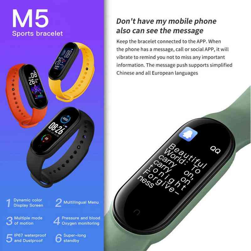 M5 Fitness Tracker Wristband, Pedometer Sport, Bluetooth Screen, Smart Bracelet