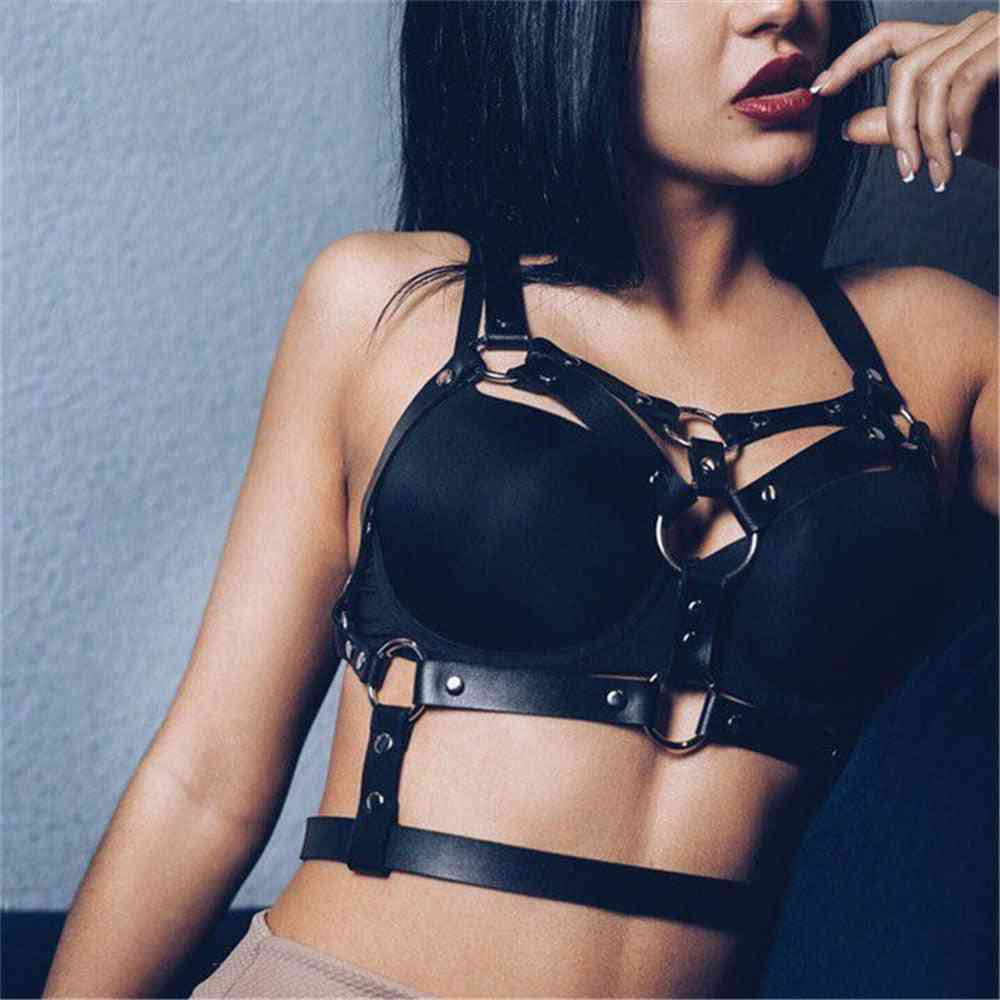Fashion Punk Bra Top Leather Harness Belt Body Chest Straps Studded Rivet Cropped