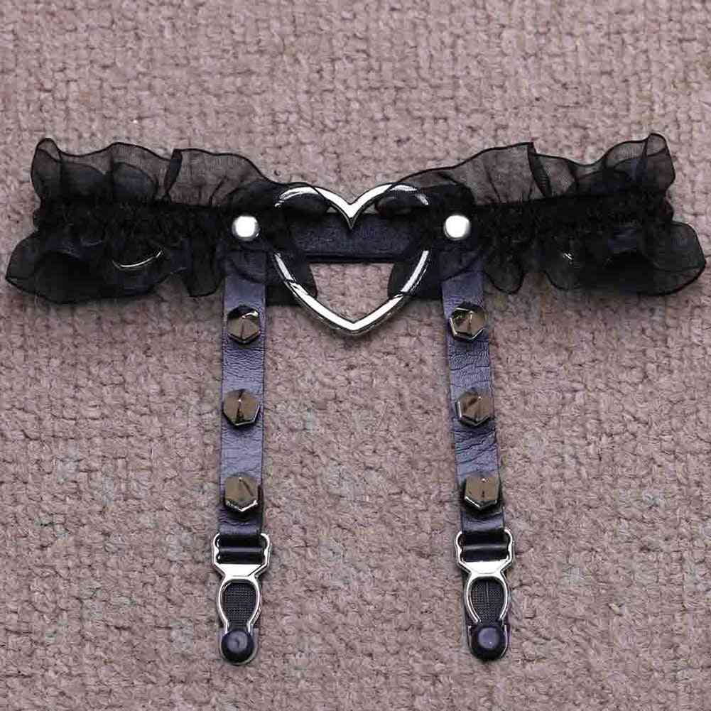 Women Punk Gothic Heart-shape, Ring Spikes, Elastic Garter Belt Suspenders