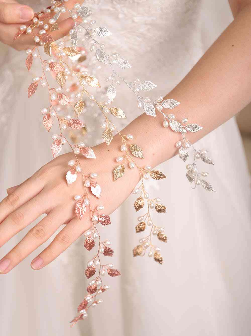 Svatební svatba, čelenka z listových perel, vlasová réva - vlasové doplňky