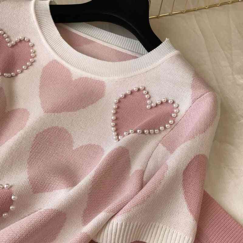 Women Short Sleeve Beading Sweater, Tops & Pants Casual Tracksuit