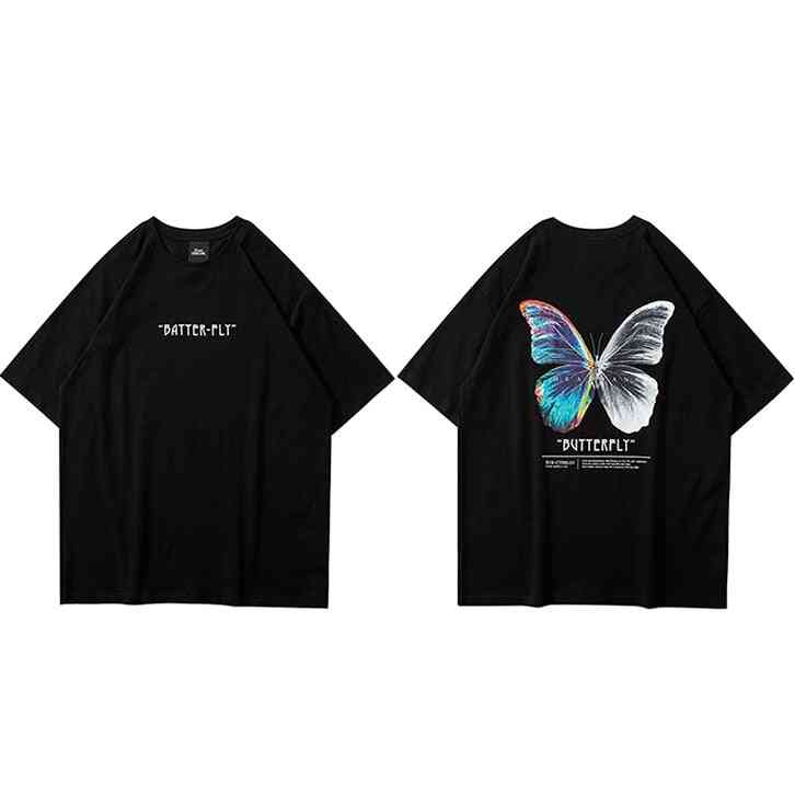улично облекло Харадзюку пеперуда с къс ръкав памучна свободна хип-хоп тениска
