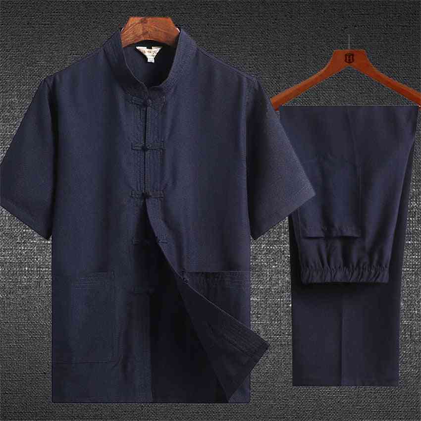 Conjunto de roupa tradicional masculina, traje de linho de manga curta