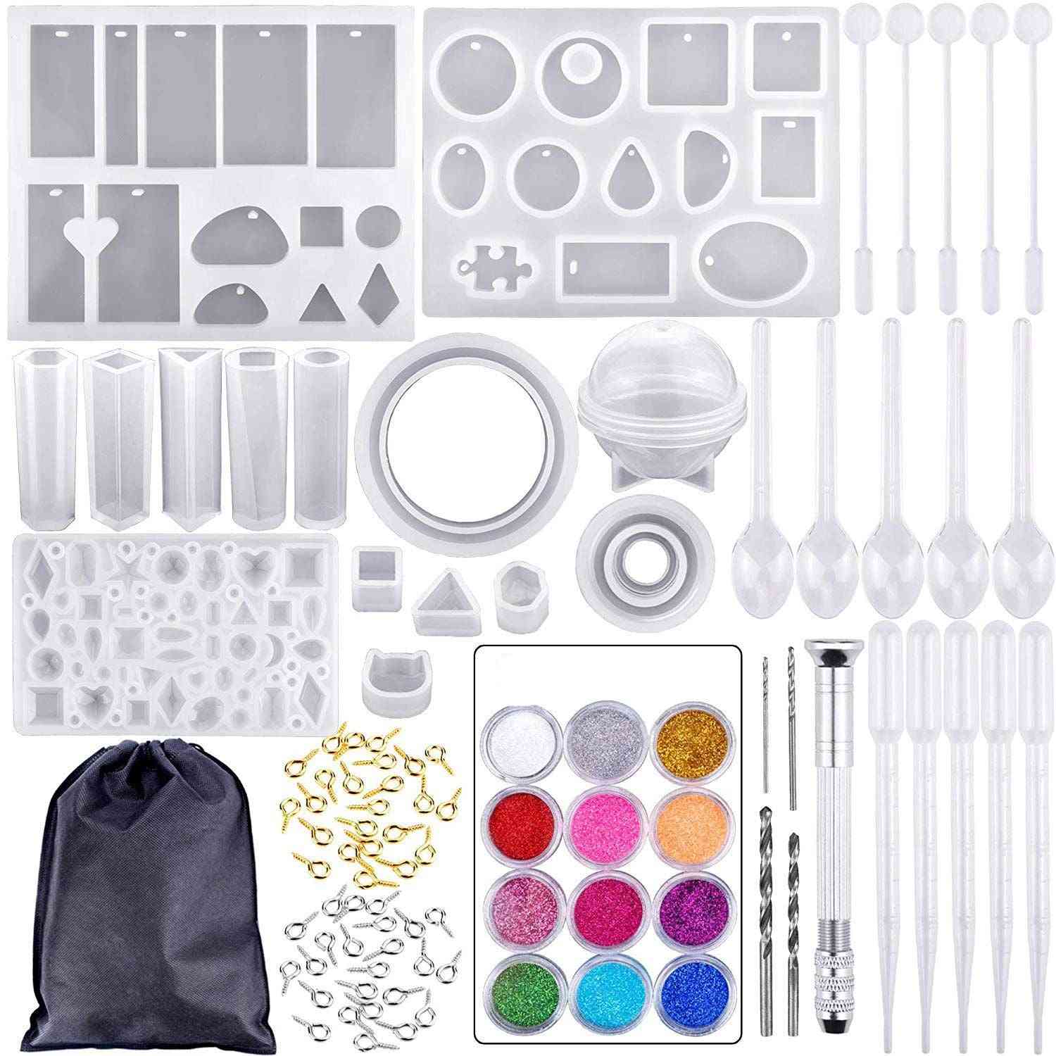 Silikonivalumuotit ja työkalut, joissa on musta säilytyspussi DIY-korujen valmistamiseen