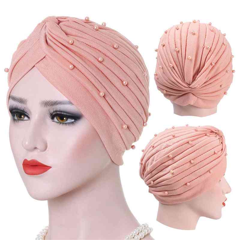 Cotton Solid Folds Pearl Muslim Turban Scarf, Women Islamic Inner Hijab Caps