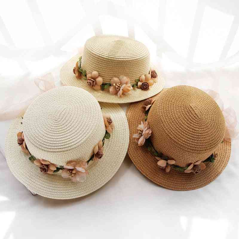 Summer Bucket Cap, Lace Bowknot Flowers Ribbon Flat Straw Hat