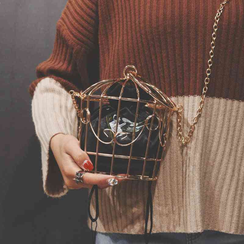 Borsa da sera per gabbia per uccelli da donna, pochette, mini borsa per gabbia per uccelli con telaio in metallo ricamato