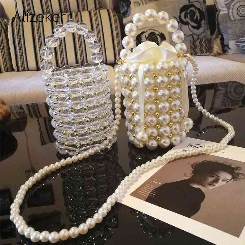 Luxury Big Pearl Bucket Bag, Women Chic Handmade Clear Beading Evening Clutch