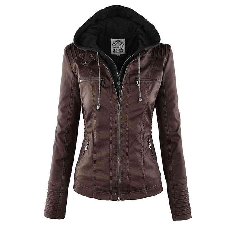 Women Winter Motorcycle Jacket, Faux Leather Pu Hoodies Outerwear