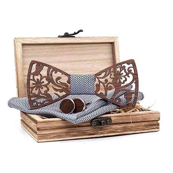 4pcs- Wooden Bow, Handkerchief Cufflinks, Necktie Silk Ties Set