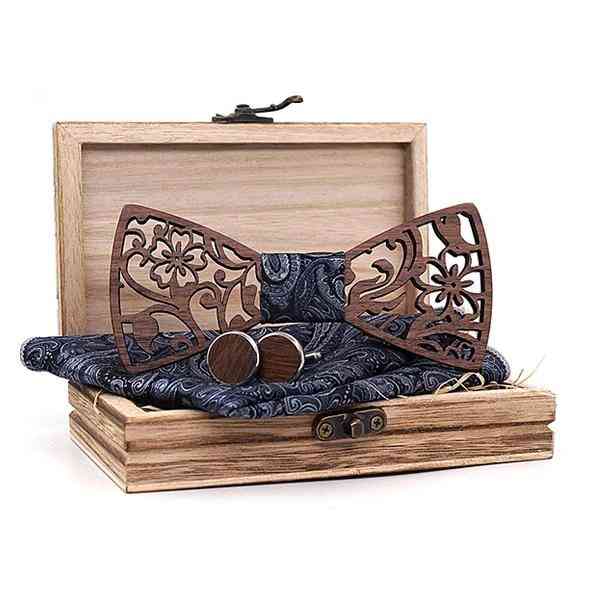 4pcs- Wooden Bow, Handkerchief Cufflinks, Necktie Silk Ties Set