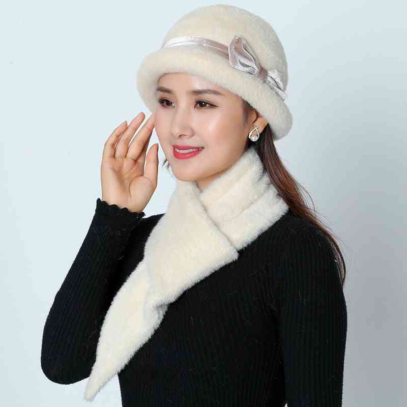 Winter Warm- Knitted Rabbit, Fur Beanies, Mink Bow Baggy Headwear Cap