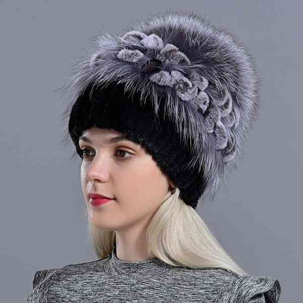 Natural Mink Fur Fox Pompom Rabbit Flowers Stylish Warm Winter Hat