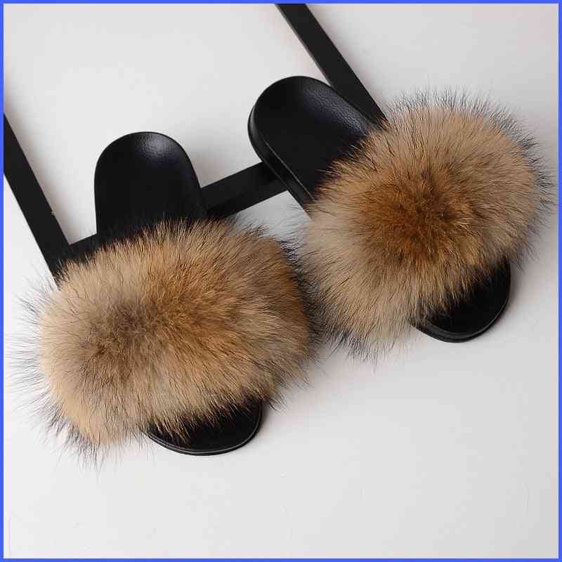 Women Real Fox Fur Slides - Home Furry Flat Cute Fluffy House Shoes (set-2)
