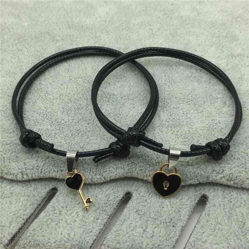 Couple Bracelet, Alloy Key Heart Lock Handmade Rope Bracelets
