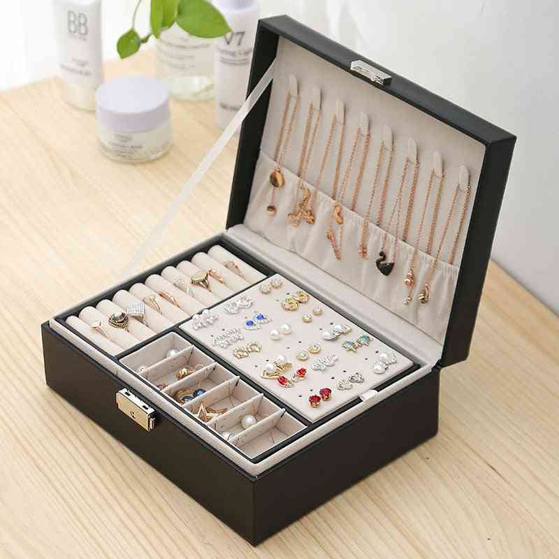 Caja de almacenamiento de adornos de pendientes de joyería de cuero de doble capa