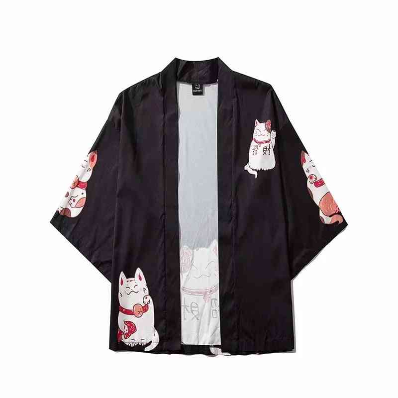 Summer Streetwear Cat Print Kimono Cardigan, Mandarin Robe Trend Kimonos