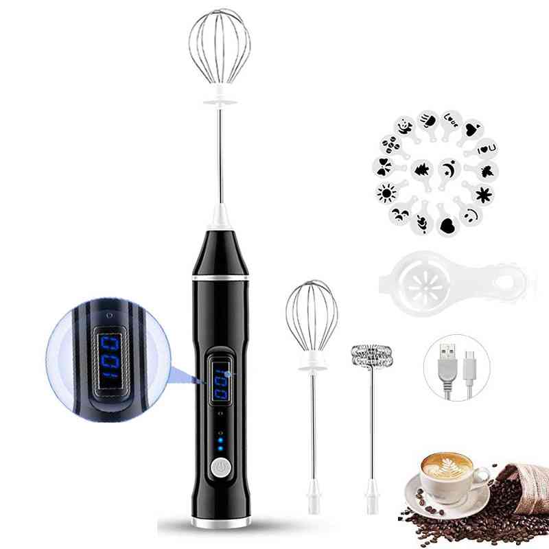 Lcd Display Milk Frother, Electric Handheld Blender, Usb Rechargeable, Mixer