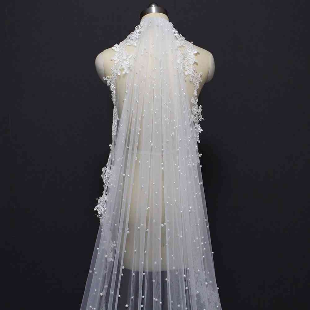Pearls Lace, Appliques Edge, Long Veil With Comb Dress