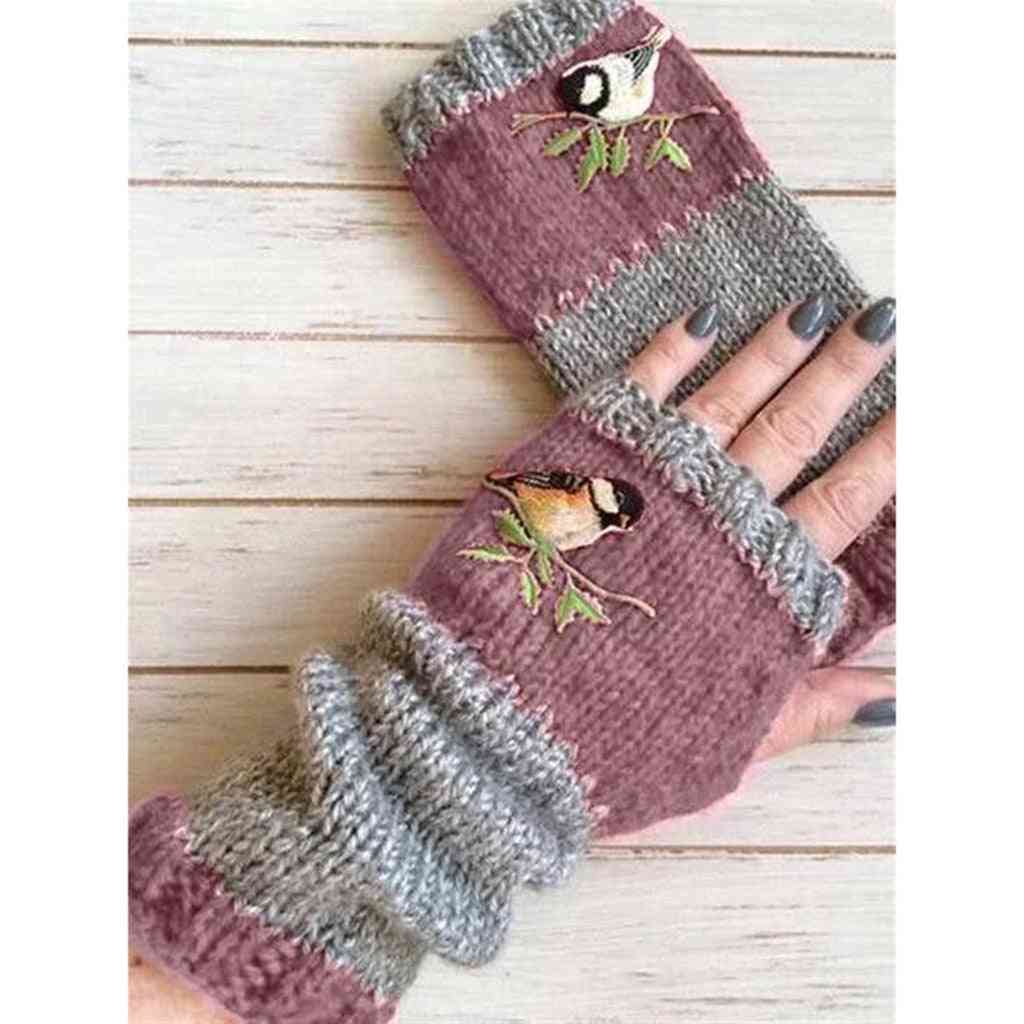 Birds Embroidery Knitted  Classic Gloves
