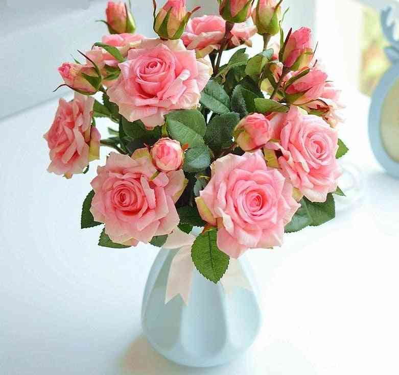 булчински сватбен букет, истински щрих, изкуствено копринено цвете роза за декорации