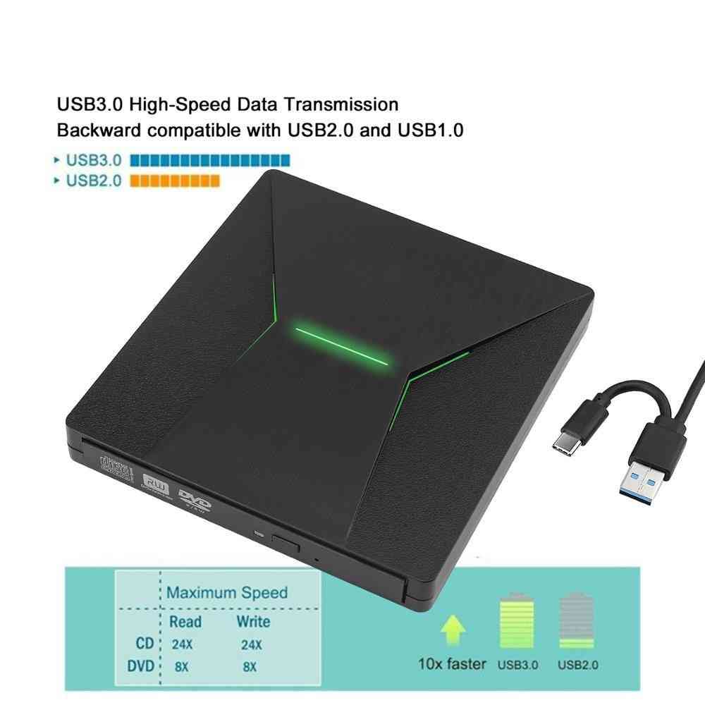 USB-3.0, portabil tip-c, arzător DVD + / rw cu lumină colorată, player player