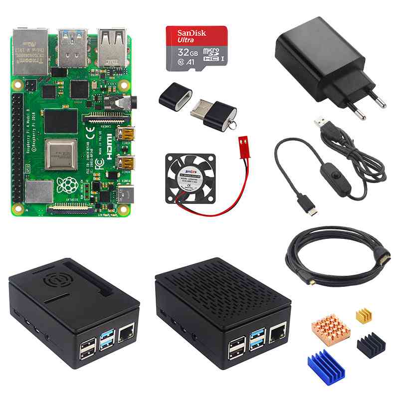 Pi 4 Model B 2/4gb Kit Board, Power Adapter, Case Box, 32/64gb Sd Card, Hdmi Cable & Heatsink