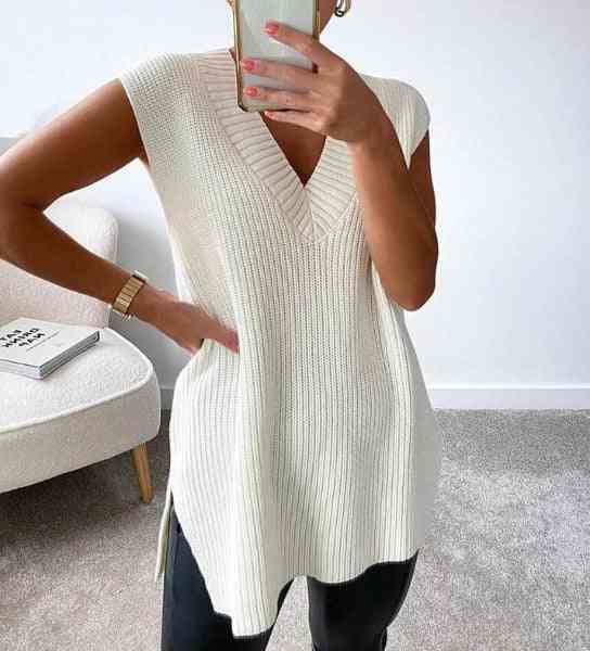 ženski džemper bez rukava s v izrezom, prsluk