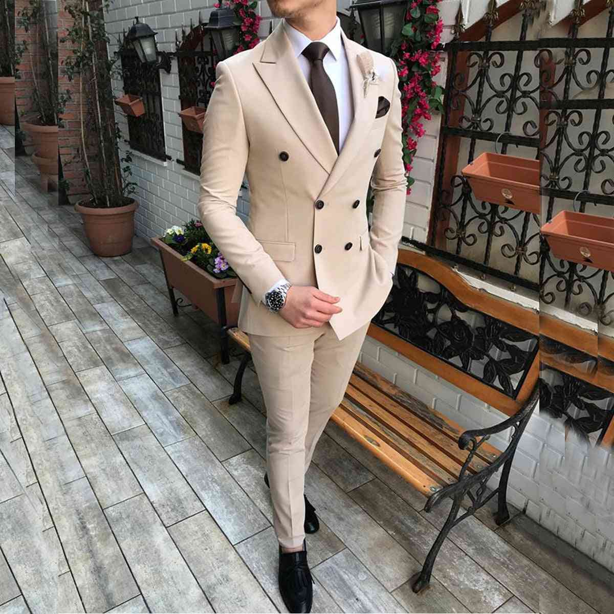 Men's Suit 2 Pieces Double-breasted Notch Lapel Flat Slim Fit Casual Tuxedos For Wedding