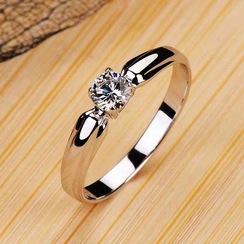 Female Small Round Stone Ring, Real Sterling Silver Engagement Crystal Solitaire Wedding Rings