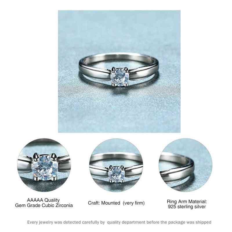 Female Small Round Stone Ring, Real Sterling Silver Engagement Crystal Solitaire Wedding Rings
