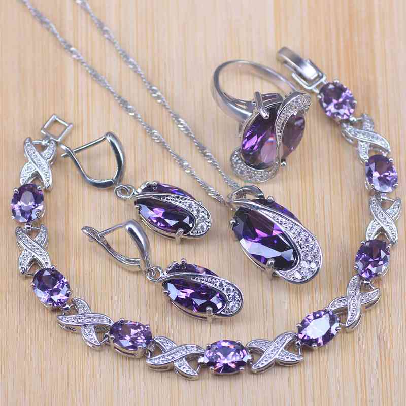 Jewelry Sets, Wedding Party, Purple Crystal Earrings, Bracelet, Rings, Necklace, Pendant