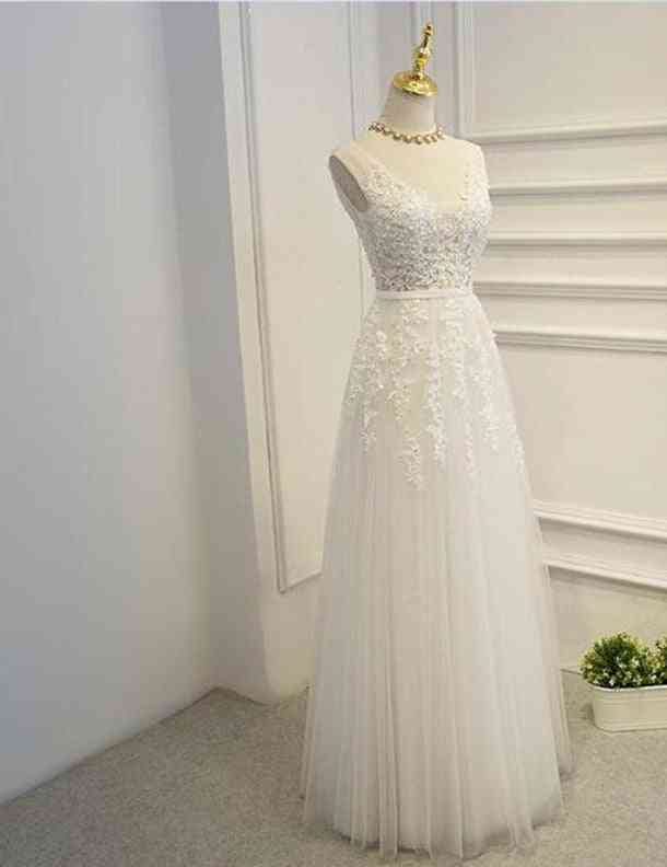 Appliques Pleated Beads, Backless Tulle Prom Gowns Dress's Wedding