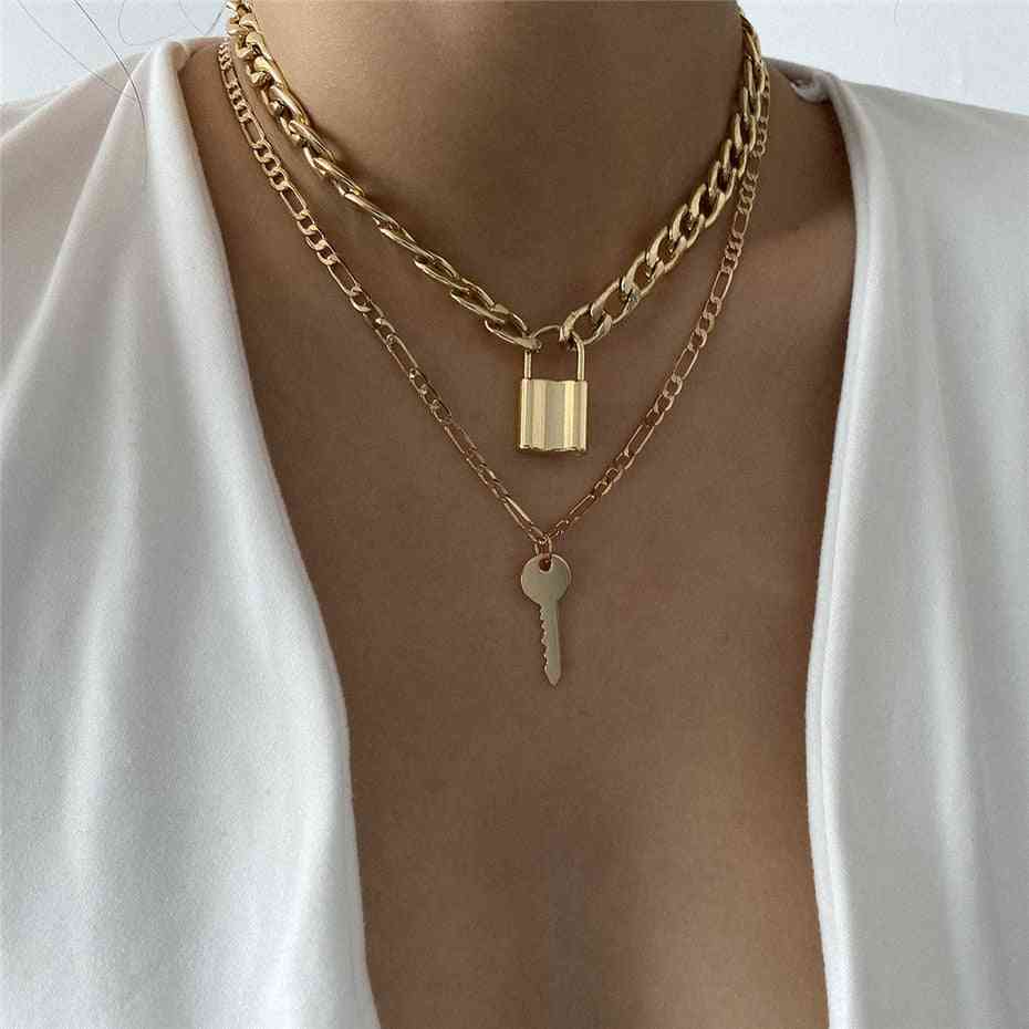 Multi Layer Lover Lock Pendant, Choker Necklace, Padlock Heart Chain Collier Best Couple Jewelry
