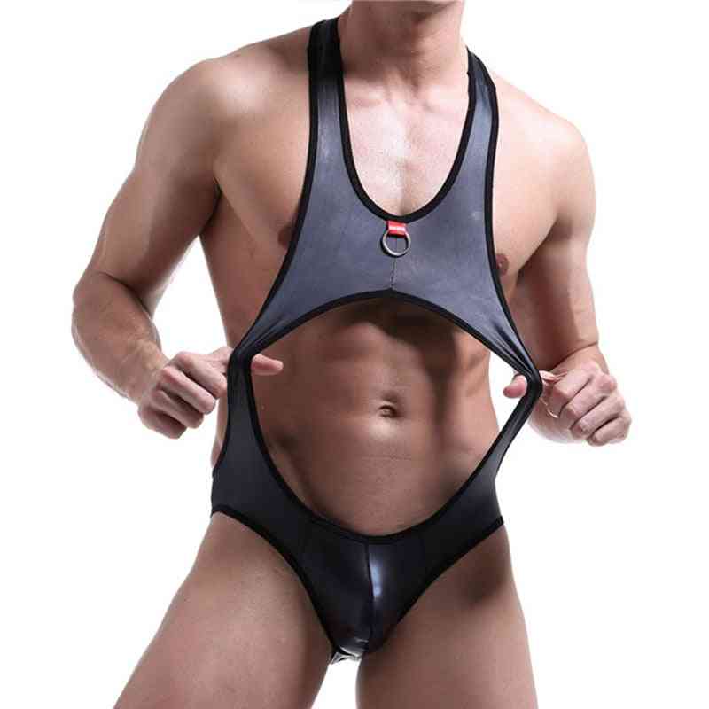 Mænd bodysuit, pu læder åben ryg lingeri latex catsuit homoseksuelle jumpsuits