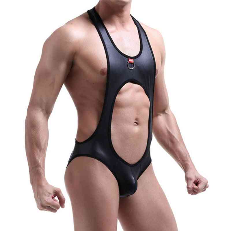 Män bodysuit, pu läder öppen rygg underkläder latex catsuit gay jumpsuits