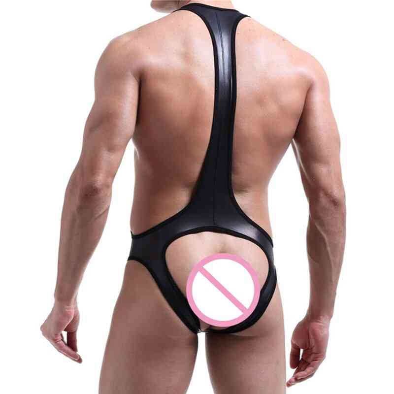 Mænd bodysuit, pu læder åben ryg lingeri latex catsuit homoseksuelle jumpsuits