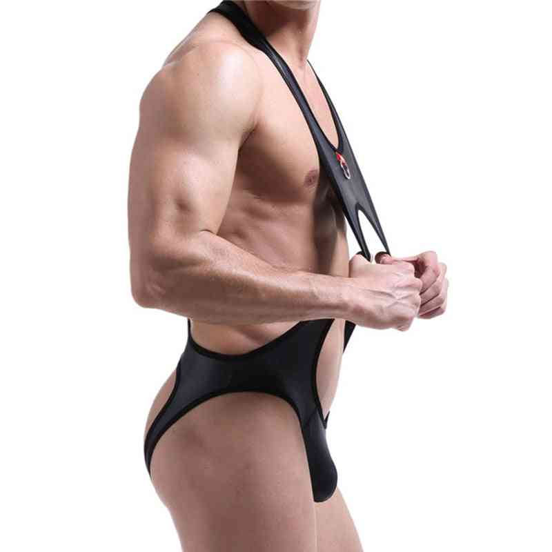 Miesten body, pu -nahka avoin alusvaatteet lateksikissa -asu homohaalarit