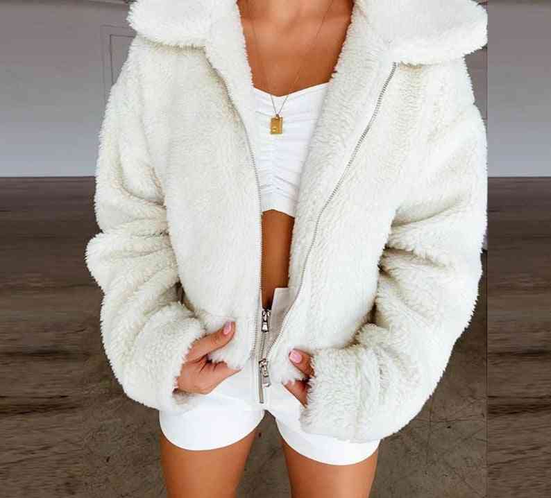 Manteau d'hiver en fausse fourrure pour femme, veste à poches moelleuses