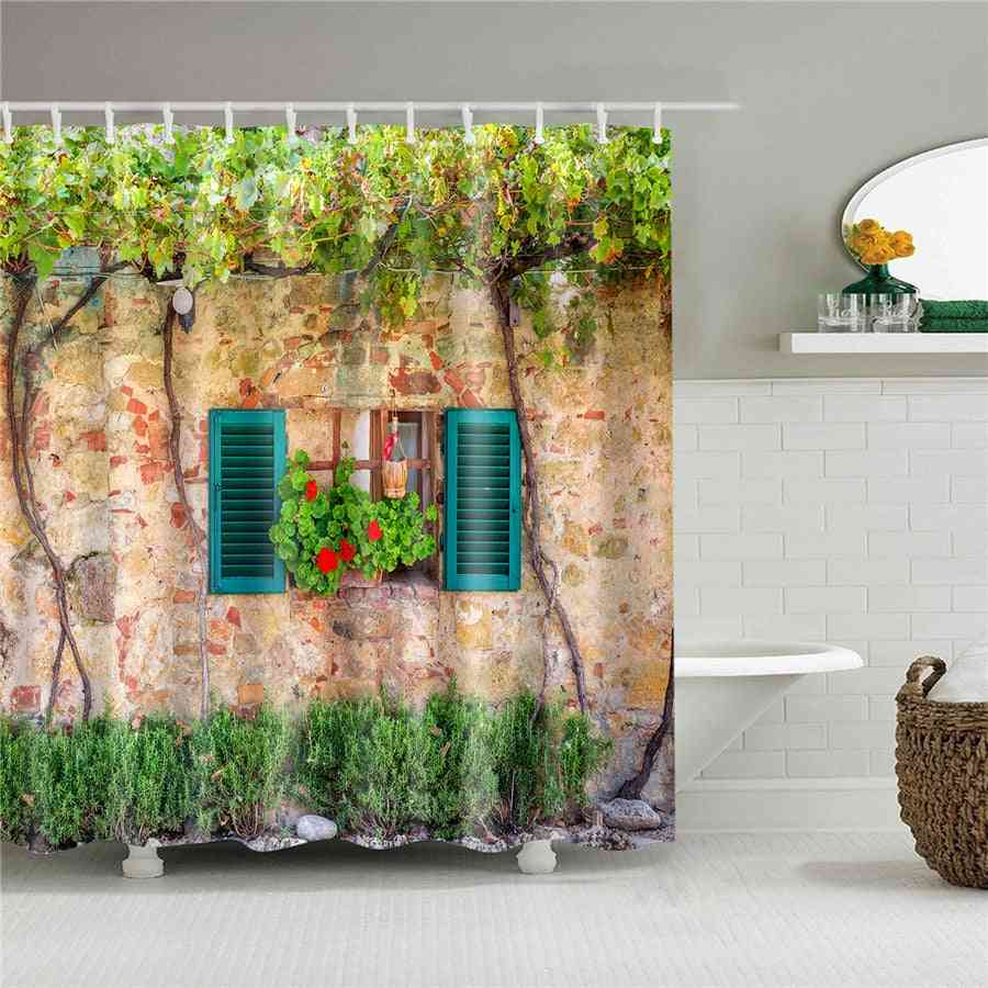 Garden Flower Plant, Creek Shower, Bathroom Curtains With Hooks Set-3