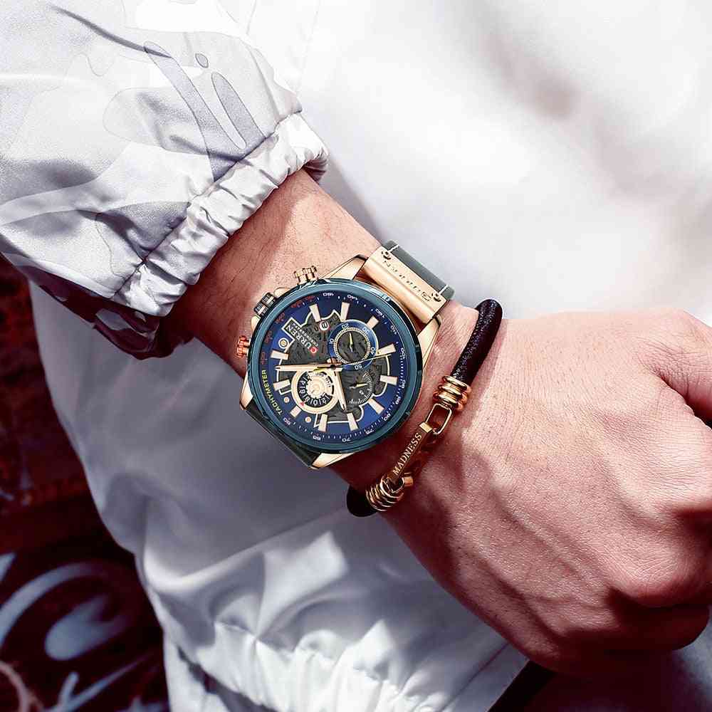Sportsklokke menn, blå toppmerke, luksuriøse militære armbåndsur i skinn, mannklokke, uformell kronograf armbåndsur