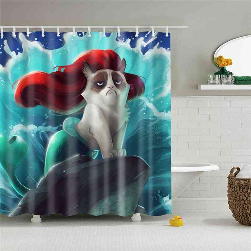 Vandtæt badeforhæng med kroge til badeværelse, havfrue print