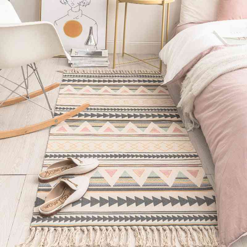 Bomuld & linned kvastvævet tæppe, gulvmåtte dør soveværelse gobelin dekorative