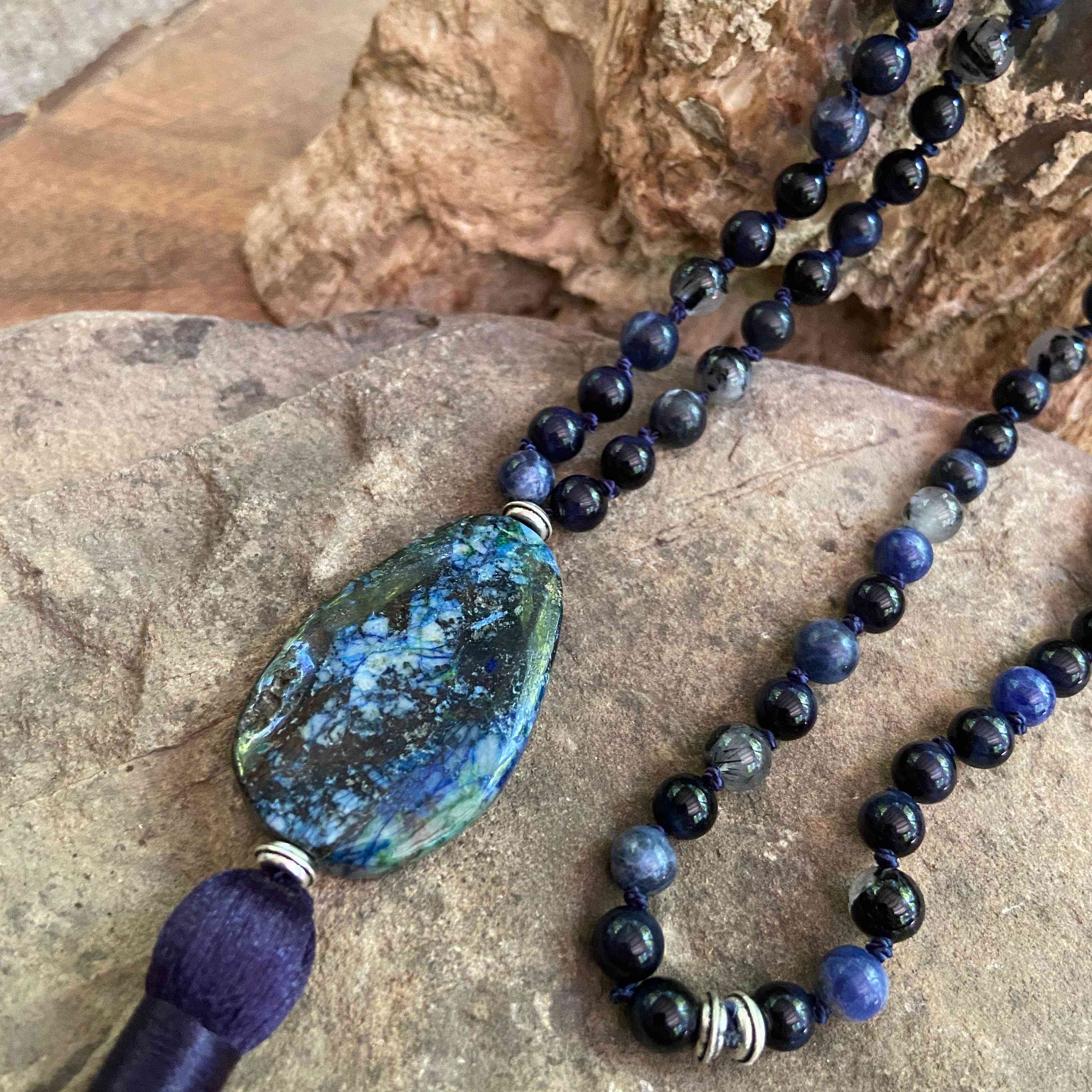 Blue Tiger Eye, Sodalite, And Tourmaline Quartz Beads With Lapis And Chysocolla Guru Stone Mala