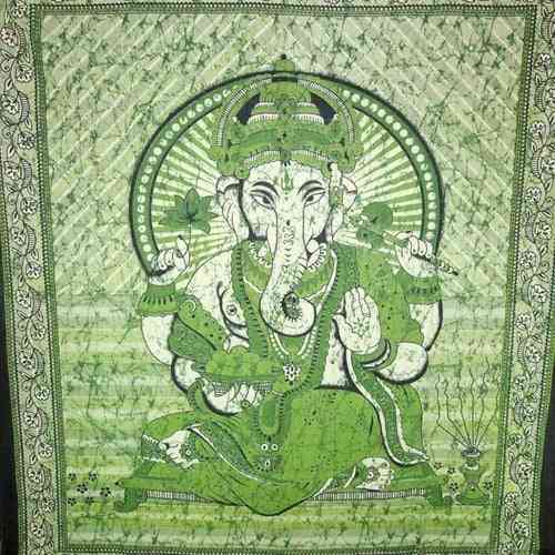 Grüne Ganesha mit Lotusblumen-Krawatten-Wandteppich