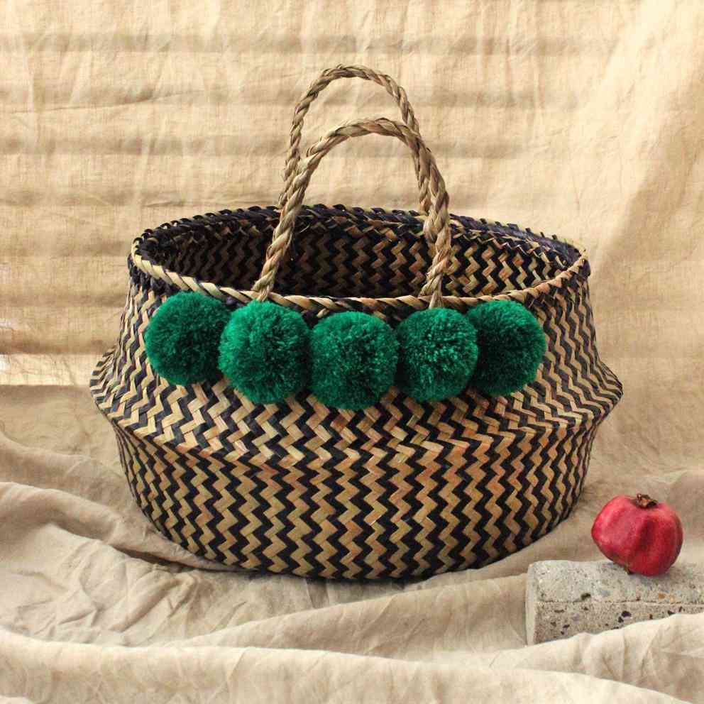 Extra Wide Zig-zag Belly Basket - With Emerald Pom-poms