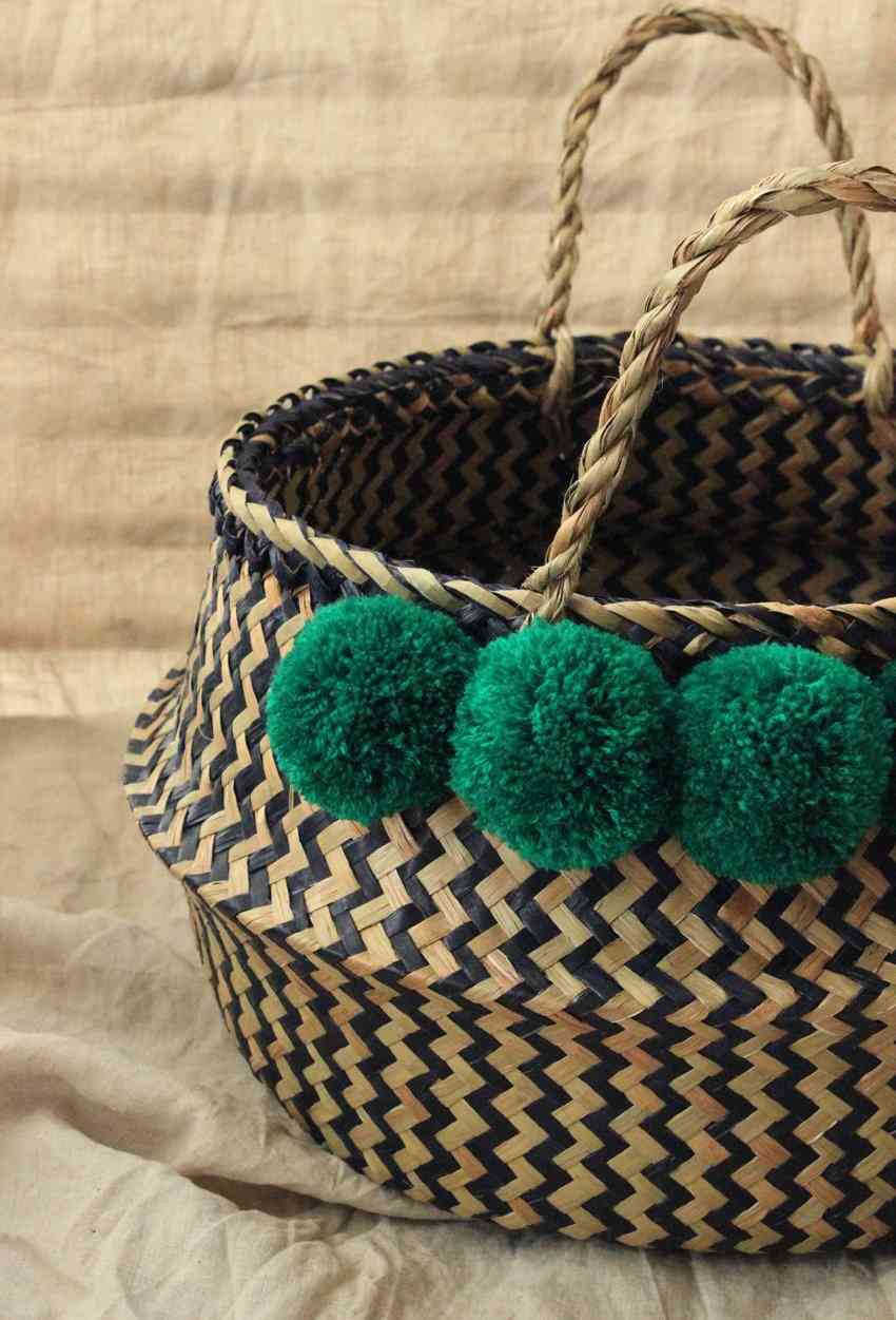 Extra Wide Zig-zag Belly Basket - With Emerald Pom-poms
