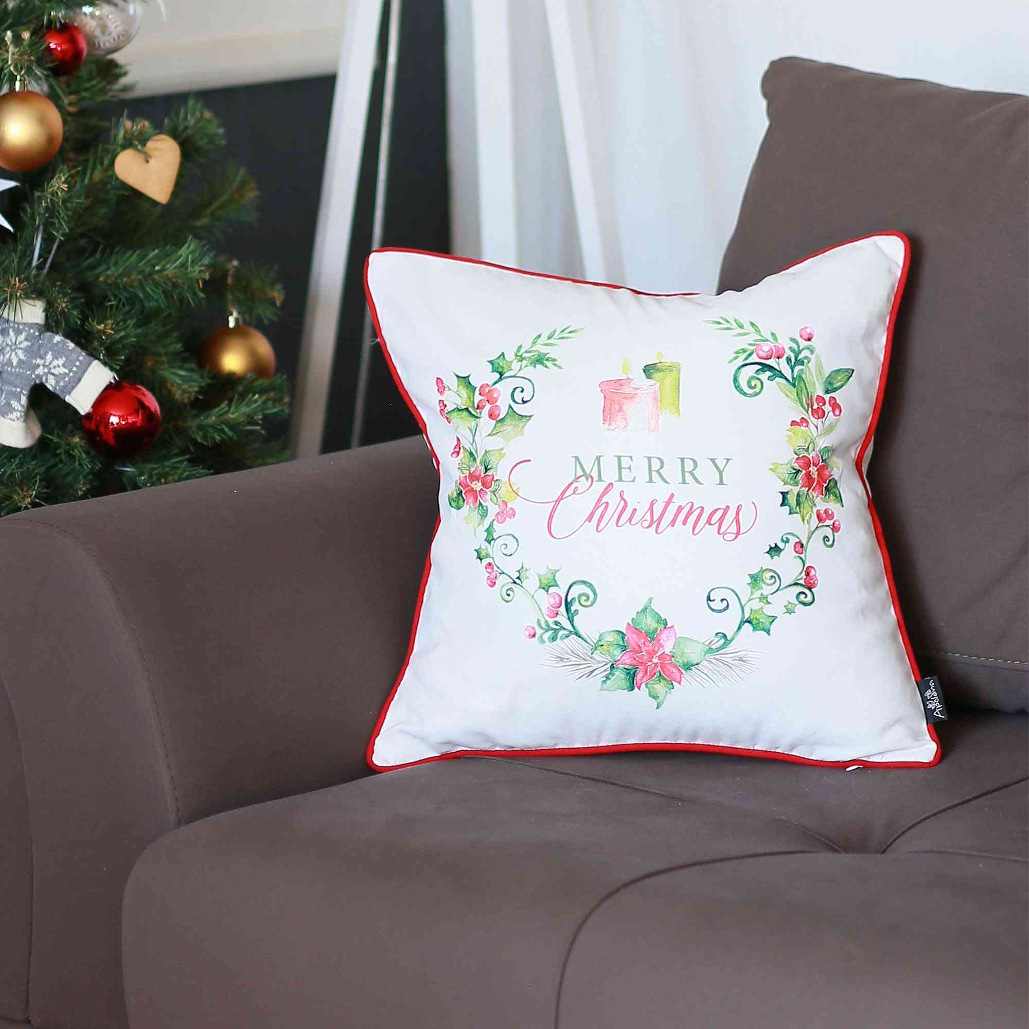 Christmas Wreath With Flowers And Text-decorative Pillow Cover