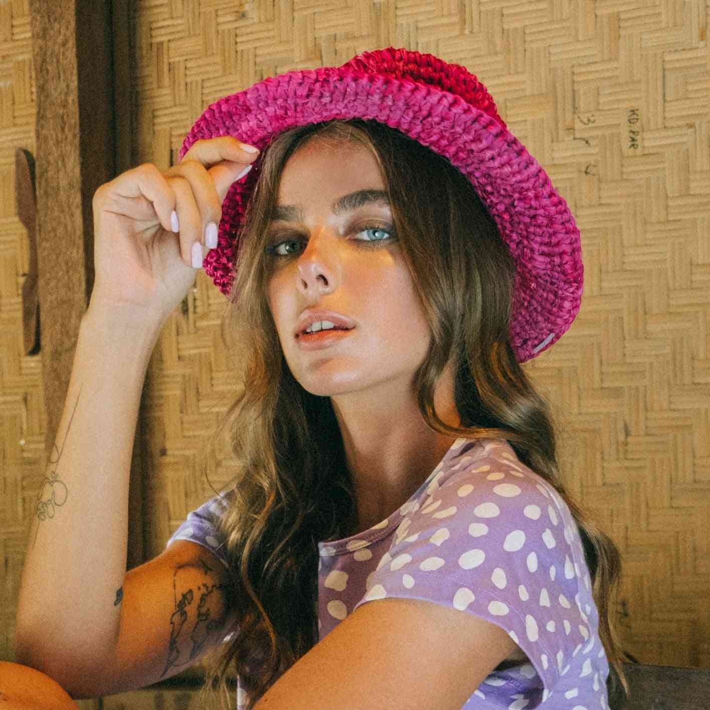 Handwoven Natural Raffia Boater Pink Hat