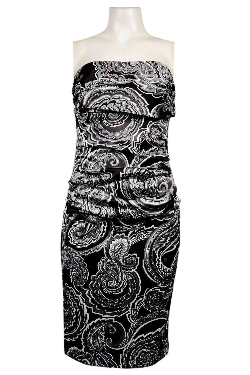 Strapless Metallic Damask Print Satin Dress